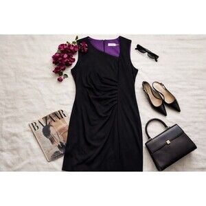 Calvin Klein Black Sheath Dress Minimalist Ruched 90s CBK Style Workwear Midi